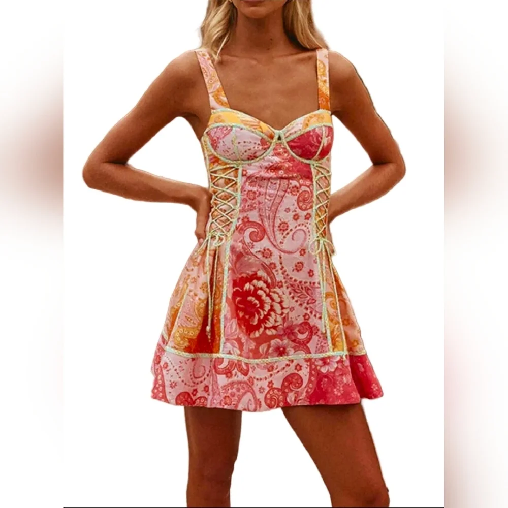 Floral Lace-Up Corset Contrast Piping Sleeveless Retro Sweetheart Mini Dress